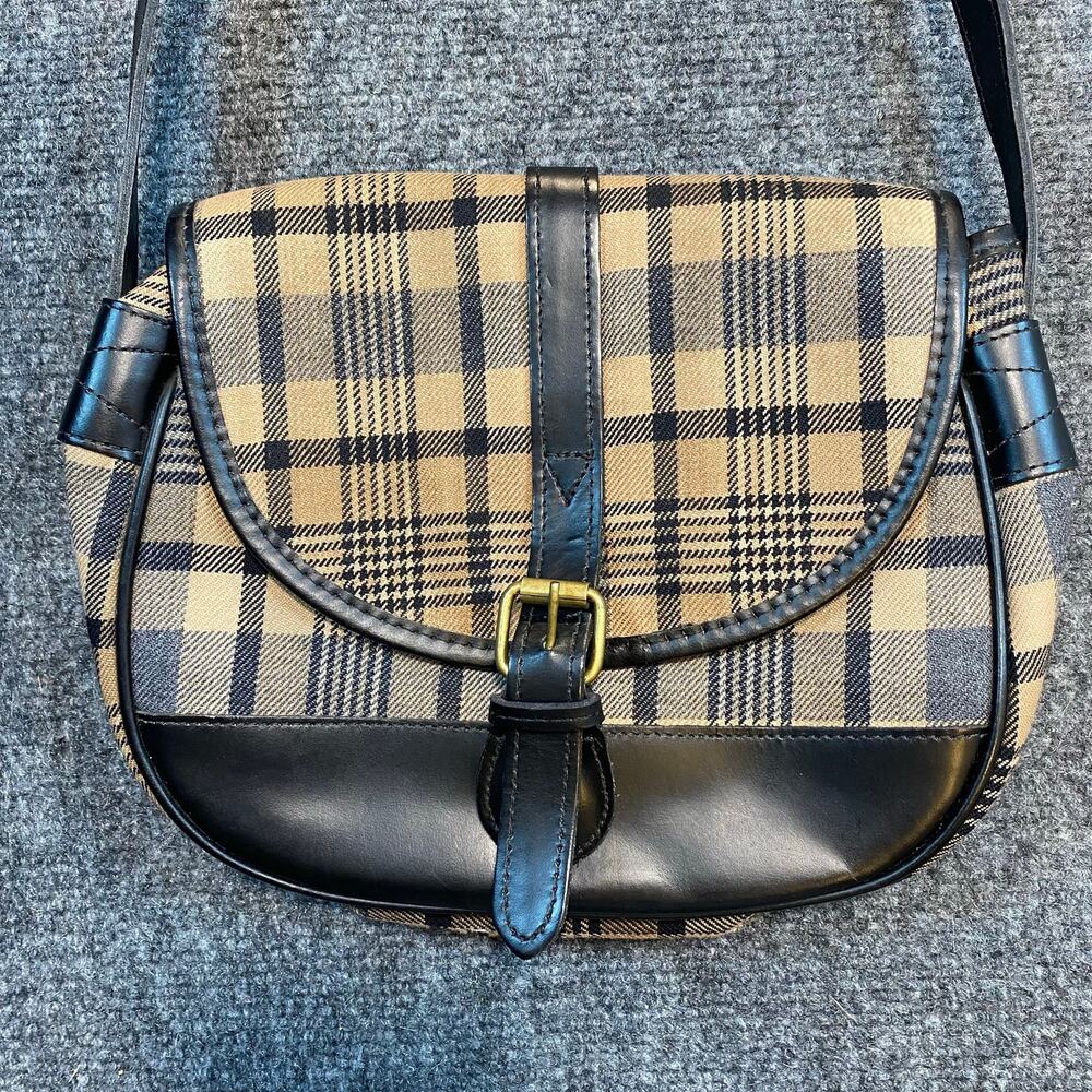 Pendleton Black Leather Tan Plaid Fabric Trim Saddle Crossbody Handbag